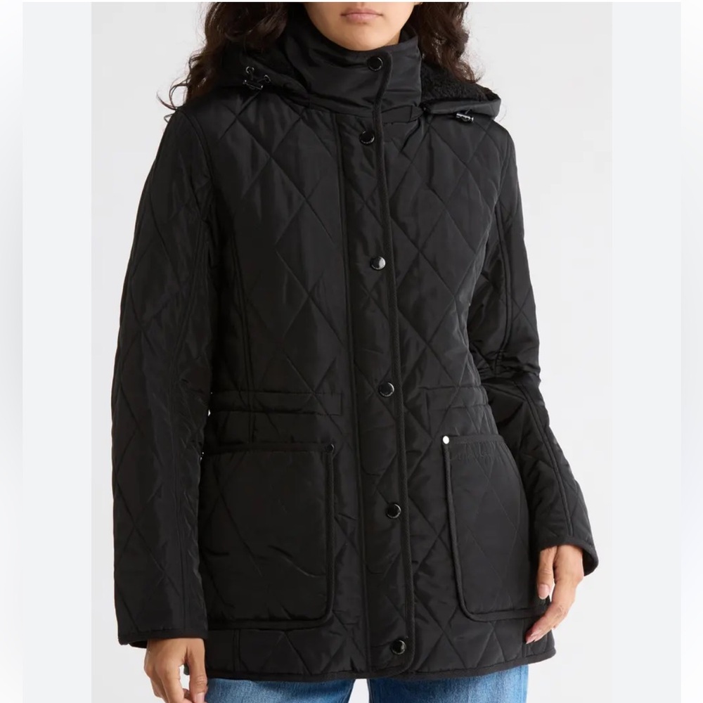 Lucky Brand Black Missy Diamond Quilt Puffer Jacket Womens Small Sherpa Lined